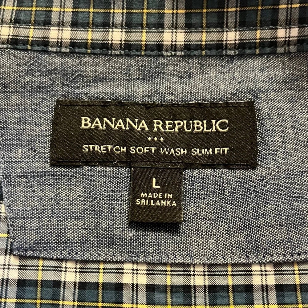 -Banana Republic Stretch Soft Slim Fit Blu/Blk/Gold Check Button-Down Mens Large